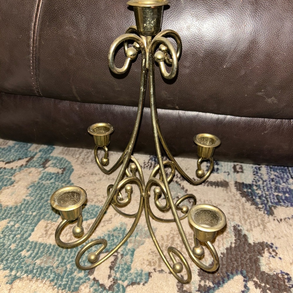 Vintage Gold Metal Candelabra 5 Arm Taper Candles/Vintage Gold